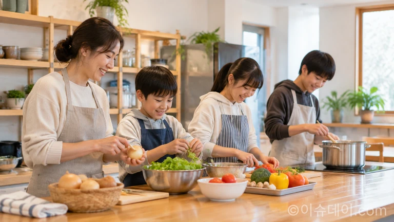 청소년들이 함께 이용하는 복지 시설의 정돈된 주방과 식료품 보관대