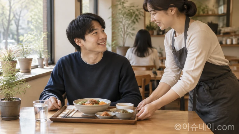 골목 식당에서 정갈한 한 끼 식사를 마주한 손님의 모습