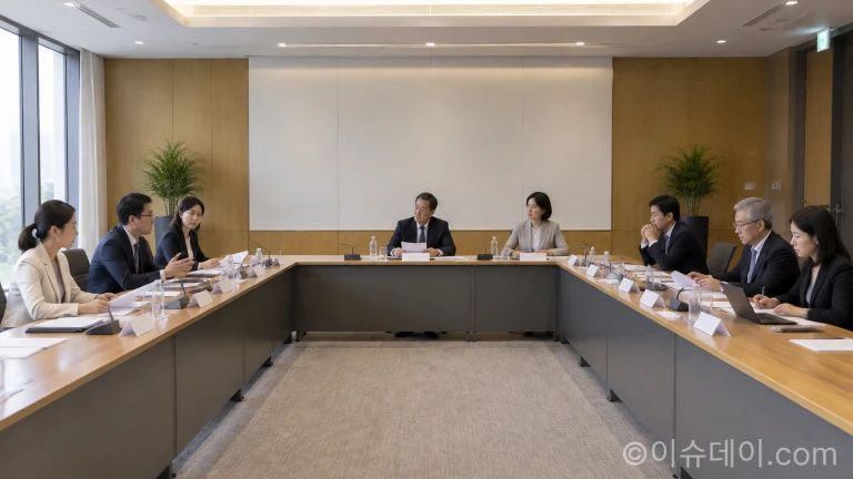 사회보장 평가전문위원회 회의실에서 위원들이 서류를 검토하며 회의를 진행하는 모습