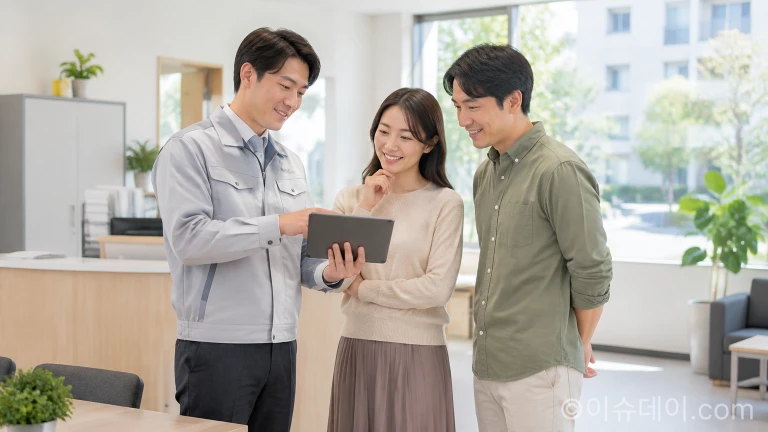 태블릿 PC로 건물 운영 데이터를 확인하며 입주민과 소통하는 관리사무소 직원