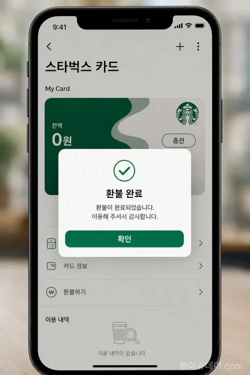 스타벅스 모바일 앱에서 선불카드 잔액 환불이 완료된 화면