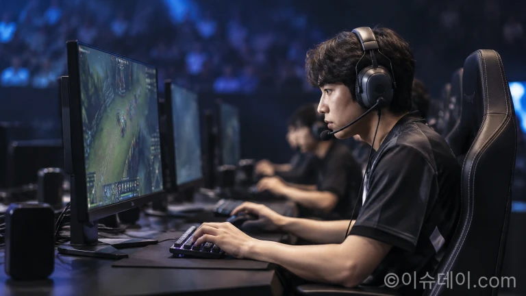 경기석에서 모니터를 응시하며 키보드와 마우스를 조작하는 선수