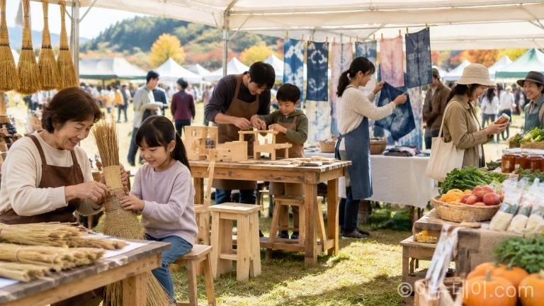 야외 부스에서 전통 공예 체험과 농산물 장터를 둘러보는 축제 방문객들