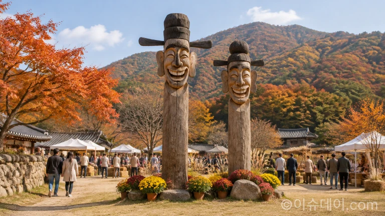 순창 추령 야외 행사장에 세워진 해학적인 표정의 목장승들