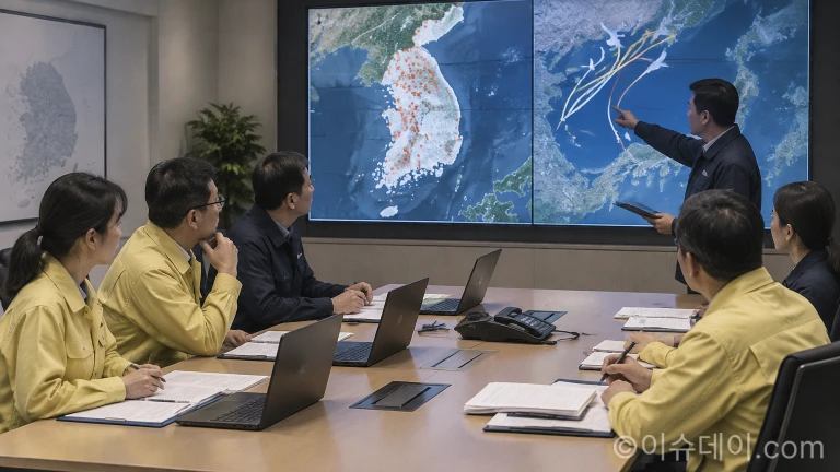 조류인플루엔자 중앙사고수습본부 상황실에서 공무원들이 상황판을 보며 방역 대책을 점검하는 모습