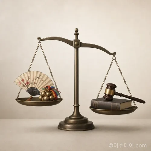 법의 저울 위에 놓인 무속신앙 상징물과 법전 망치