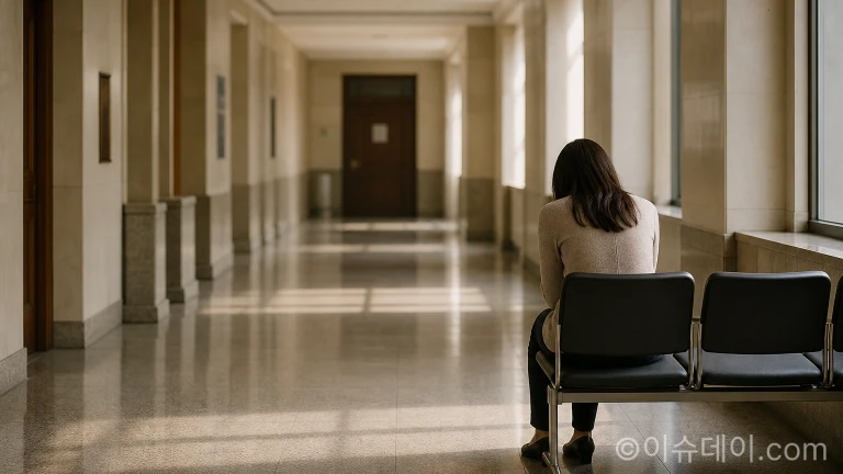 법원 복도 의자에 홀로 앉아 생각에 잠긴 사람의 뒷모습