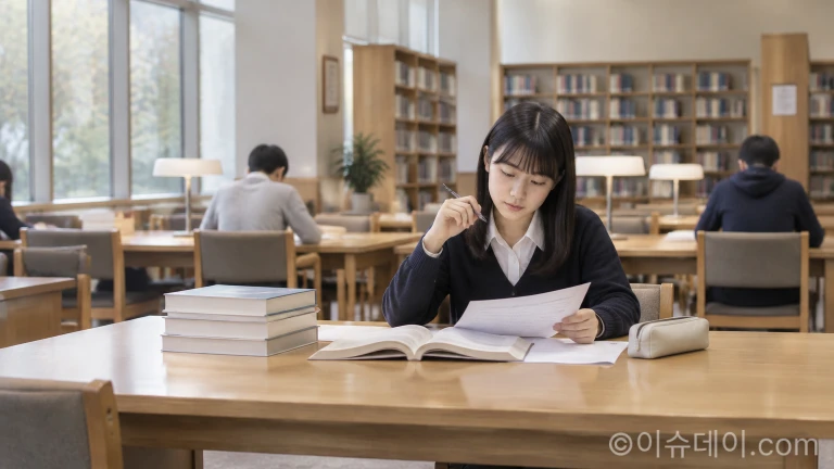 도서관 책상 위에 놓인 대입 수험서와 시험지를 살펴보는 수험생의 모습