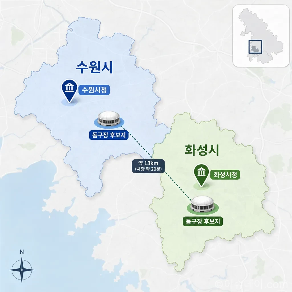 수원시와 화성시 돔구장 후보지 위치 비교 지도