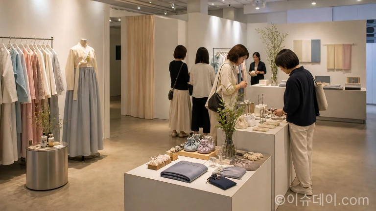 케이데이 전시 공간에서 한국 브랜드의 생활 디자인 한복과 소품을 살펴보는 관람객들