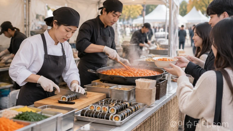 조리 부스에서 신선한 재료로 김밥과 떡볶이를 조리하는 현장