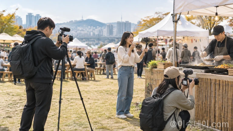 스마트폰 카메라로 축제 현장과 음식을 촬영하는 소셜미디어 창작자들