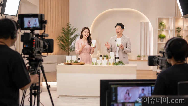 방송 스튜디오에서 건강기능식품을 소개하는 쇼호스트와 카메라 장비