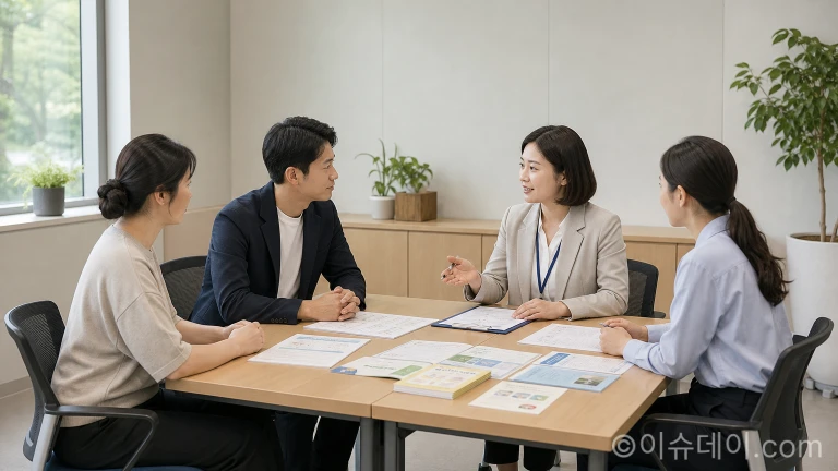 복지 지원 정책 자료가 펼쳐진 회의실 테이블과 상담 공간