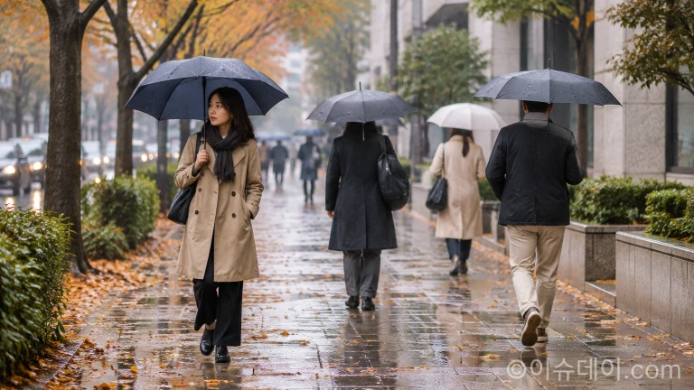 우산을 쓰고 빗길을 걷는 보행자들과 젖은 보도블록