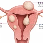 자궁 내 여러 위치에 발생한 자궁근종을 보여주는 의학 일러스트