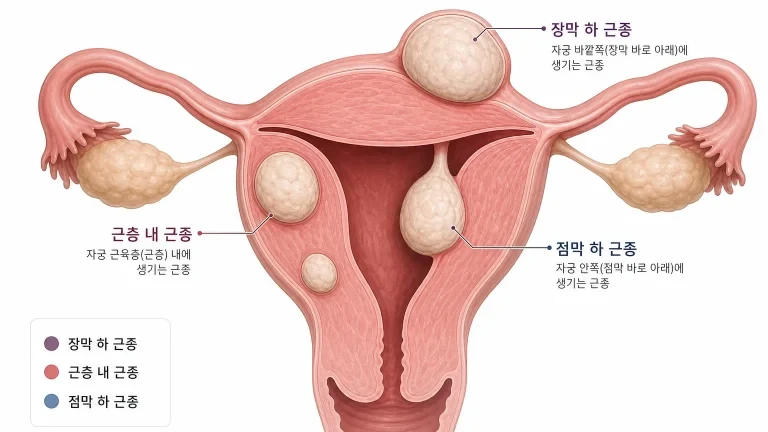 자궁 내 여러 위치에 발생한 자궁근종을 보여주는 의학 일러스트