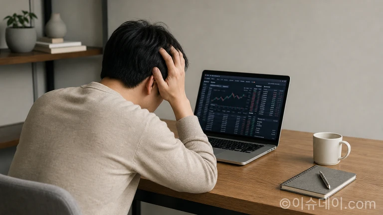 노트북으로 해외 가상자산 거래소의 복잡한 내역을 보며 고심하는 투자자.