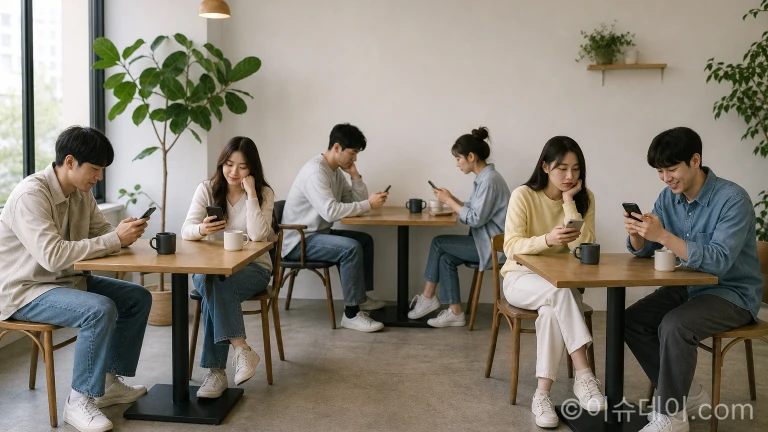 카페에 모여 각자의 스마트폰으로 가상자산 투자를 하는 젊은이들.