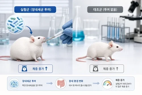 고지방식이를 한 생쥐에게 특정 장내세균을 투여하는 동물 실험 모식도