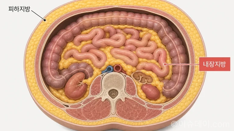 복부의 피하지방과 내장지방 위치를 보여주는 단면도