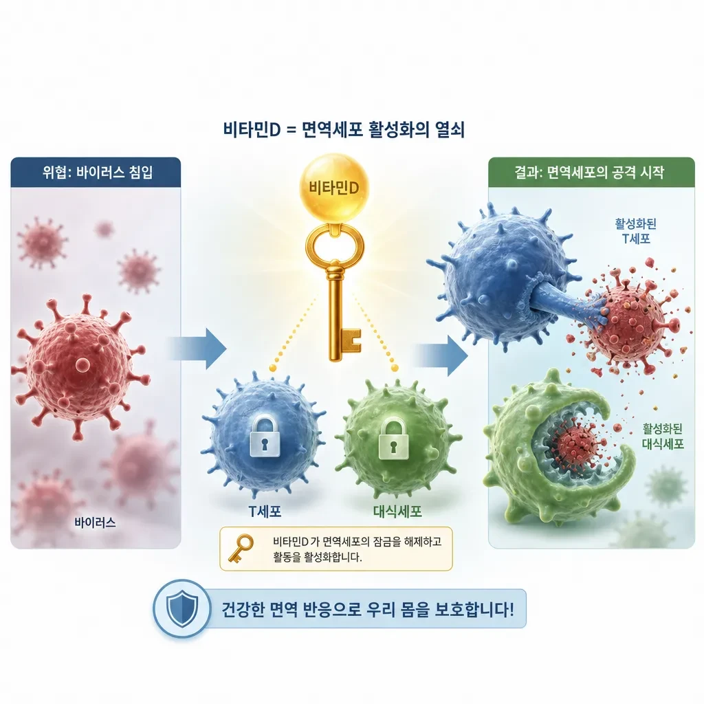 비타민D가 면역세포를 활성화시키는 과정을 보여주는 의학 일러스트