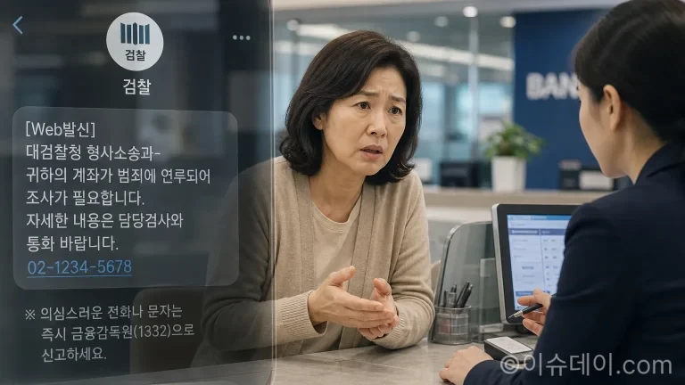 은행 창구에서 보이스피싱 사기로 인해 혼란을 겪는 고객