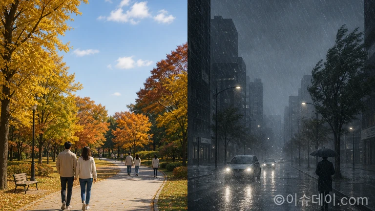 화창한 날씨와 비 오는 날씨가 대비되는 주말 날씨 예보