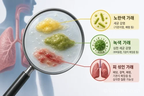 다양한 가래 색깔과 관련된 건강 상태를 보여주는 그림