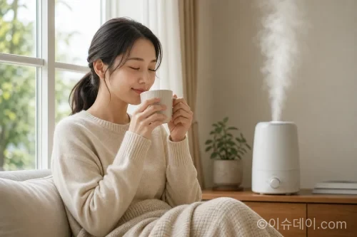 따뜻한 물을 마시며 가래를 관리하는 여성의 모습