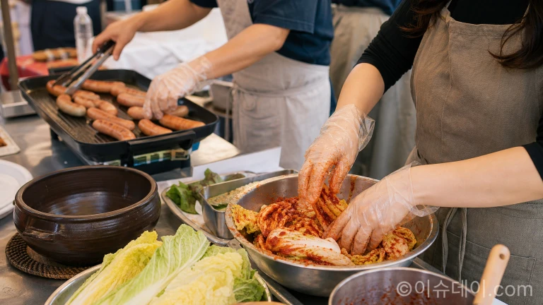 삼COOK 페스타 먹거리 체험 구역에서 김치 담그기와 요리 체험을 진행하는 모습