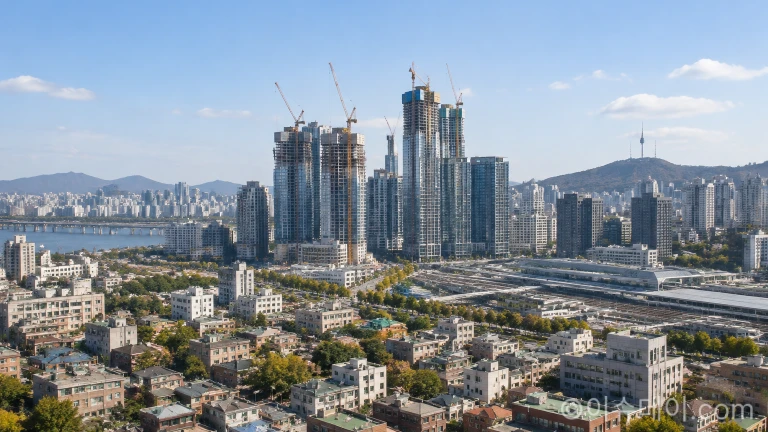 서울 용산구 도심 일대와 재개발 공사 현장이 펼쳐진 전경