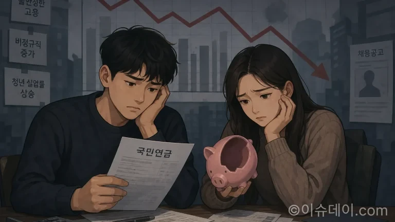 국민연금 납부 공백으로 인해 불안한 미래를 걱정하는 청년의 일러스트