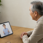 유튜브 가짜 의사 영상이 재생 중인 태블릿 화면을 바라보는 노년층 시청자