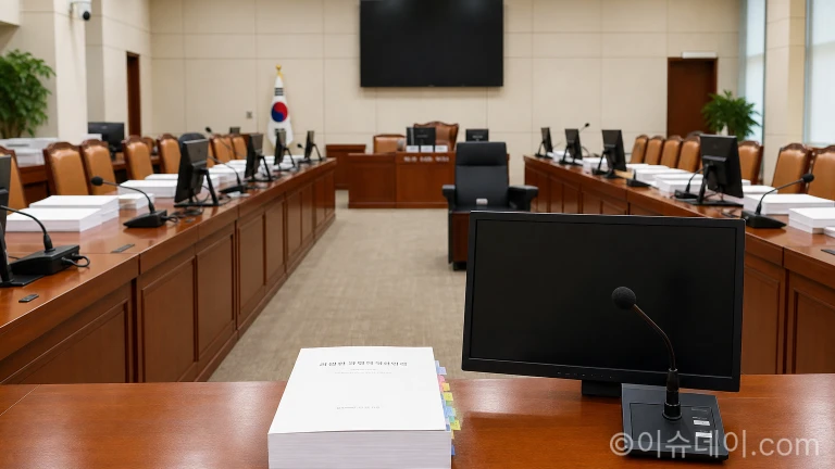 모니터와 정책 질의 자료집이 정돈된 국회 회의장 탁자 전경