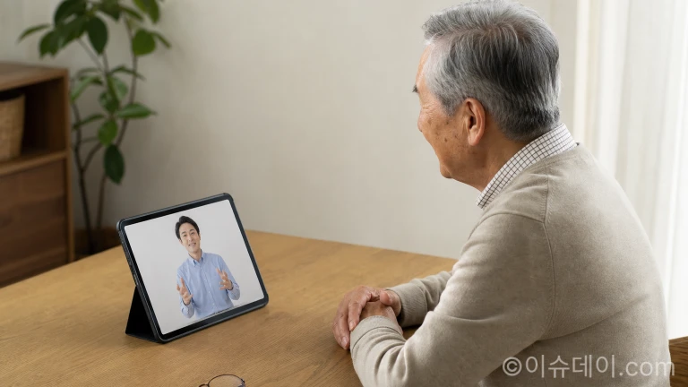 유튜브 가짜 의사 영상이 재생 중인 태블릿 화면을 바라보는 노년층 시청자